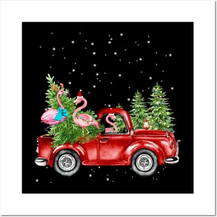 Christmas Three Flamingo Ride Red Truck Xmas Santa Hat Posters and Art